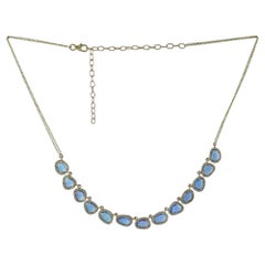 Genuine H/Si White Diamond Solid 14k Yellow Gold Blue Sapphire Gemstone Necklace