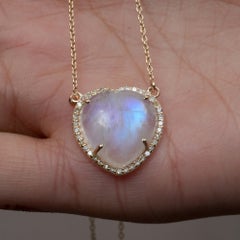 Natural Diamond Solid 14k Yellow Gold Rainbow Moonstone 18" Heart Chain Necklace