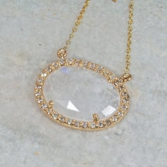 Solid 14k Yellow Gold Natural Rainbow Moonstone Gemstone Chain Necklace Jewelry