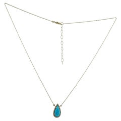 Natural Turquoise Gemstone Solid 14k Yellow Gold White Diamond Chain Necklace