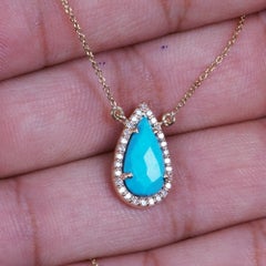 Natural Turquoise Gemstone Solid 14k Yellow Gold White Diamond Chain Necklace