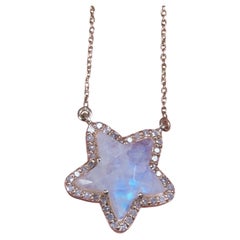 Natural Diamond Solid 14k Yellow Gold Rainbow Moonstone Gems Star Chain Necklace