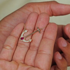 Solid 14k Yellow Gold Natural White Diamond Ruby Gemstone Anchor Chain Necklace