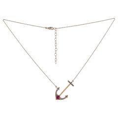 Solid 14k Yellow Gold Natural White Diamond Ruby Gemstone Anchor Chain Necklace