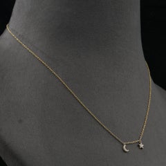 Natural White H/Si Diamond Solid 14k Yellow Gold Star Moon Charm Chain Necklace