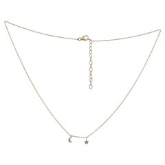 Natural White H/Si Diamond Solid 14k Yellow Gold Star Moon Charm Chain Necklace