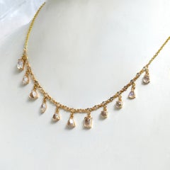 Solid 14k Yellow Gold Natural White Diamond Crystal Gemstone 18 " Chain Necklace