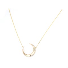Solid 14k Yellow Gold Natural Diamond Blue Sapphire Gems Crescent Moon Necklace