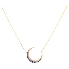Solid 14k Yellow Gold Natural Diamond Blue Sapphire Gems Crescent Moon Necklace