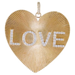 Solid 14k Yellow Gold Heart Natural White H/Si Diamond LOVE Fluted Charm Pendant