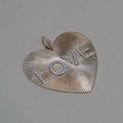 Solid 14k Yellow Gold Heart Natural White H/Si Diamond LOVE Fluted Charm Pendant