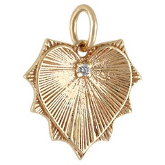 Ciondolo in oro giallo massiccio 14k con diamante bianco naturale a forma di cuore scanalato, 15 mm