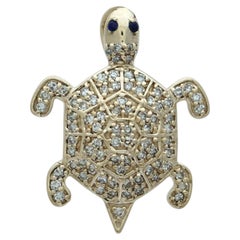 Solid 14k Yellow Gold Natural White Diamond Emerald Sea Turtle Charm Pendant