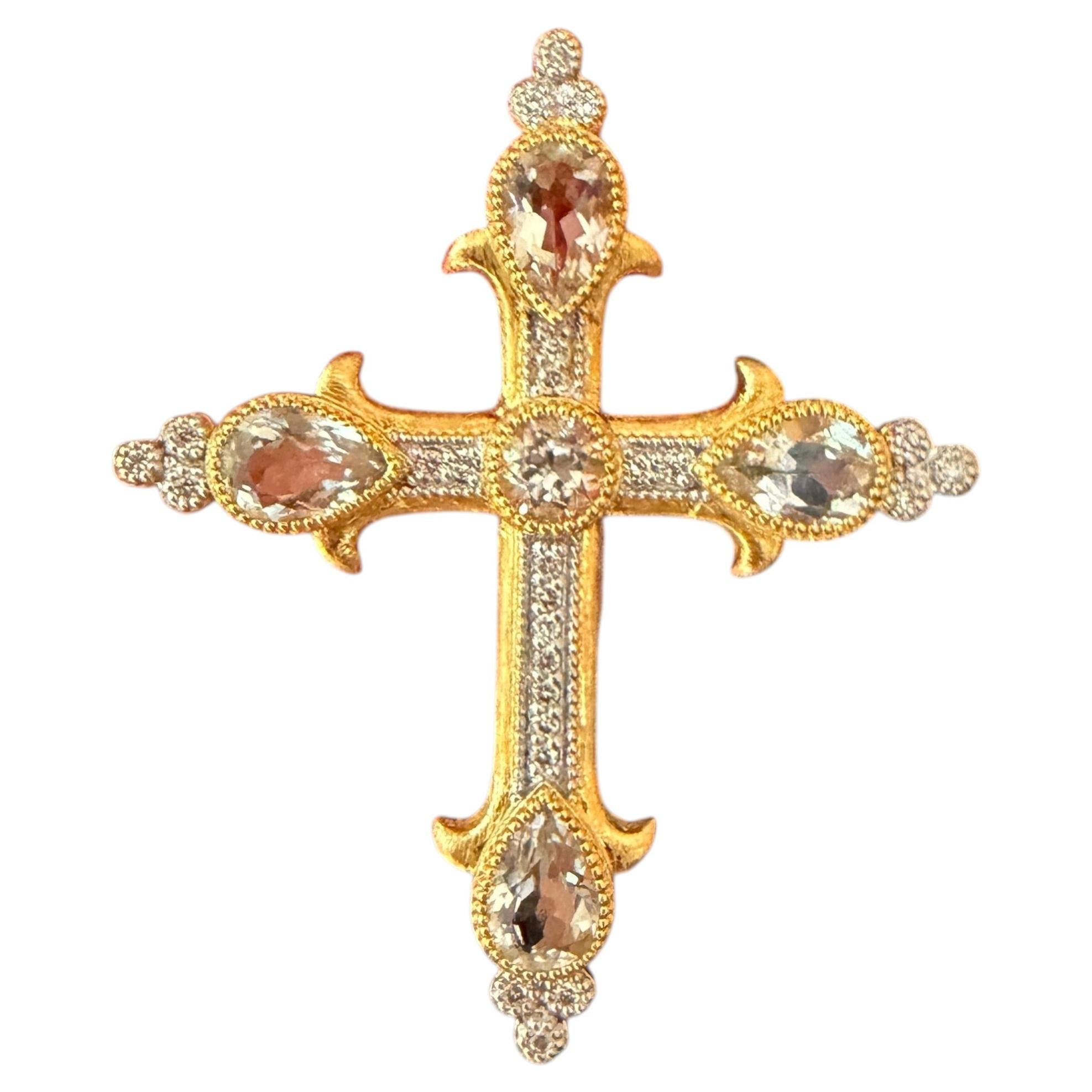 Jude Frances Diamond Cross Pendant in 18kt Yellow Gold with White Topaz For Sale