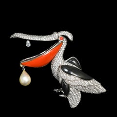 1930's Costume Pearl & Crystal Stone Pelican Brooch in Silver