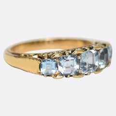Antique Victorian Aquamarine 5-Stone Half Hoop Ring in 18k Gold, Circa 1890