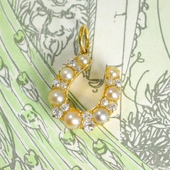 Antique Diamond & Pearl Lucky Horseshoe Pendant in 15k Gold, Circa 1900