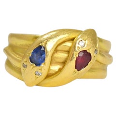 Victorian Burma Sapphire, Ruby & Diamond Double Snake Ring in 18k Gold, C. 1890