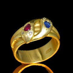 Victorian Burma Sapphire, Ruby & Diamond Double Snake Ring in 18k Gold, C. 1890