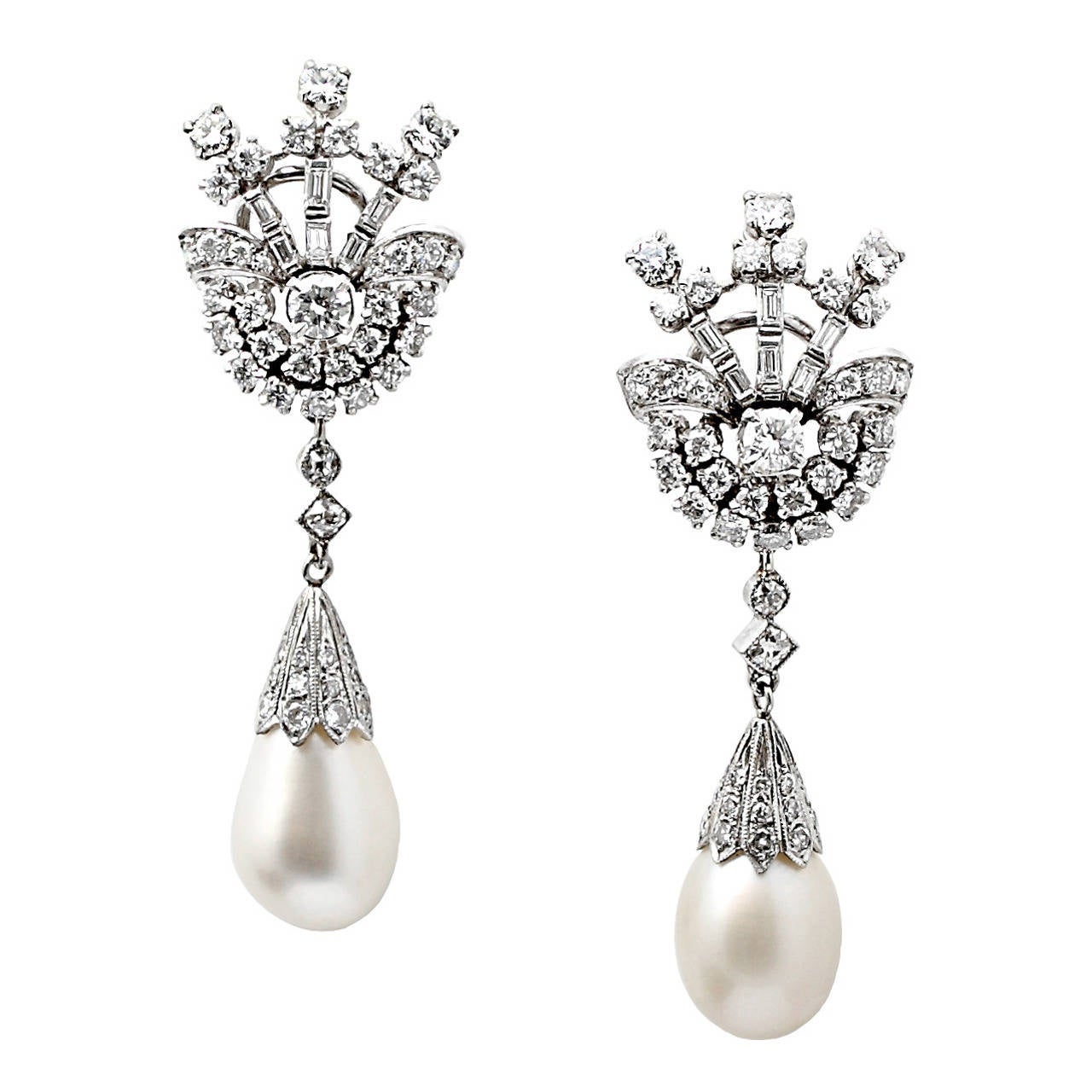 Pair of Natural Saltwater Pearl Diamond Platinum Earrings For Sale