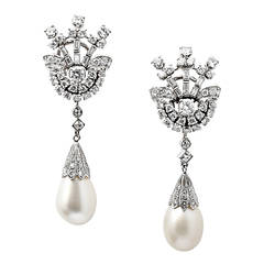 Pair of Natural Saltwater Pearl Diamond Platinum Earrings