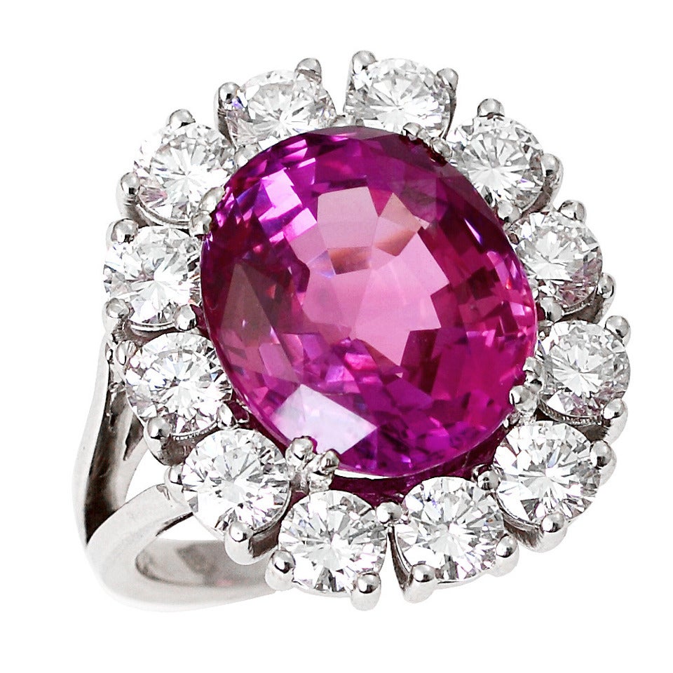 Pink Sapphire Diamond Gold Cluster Ring For Sale