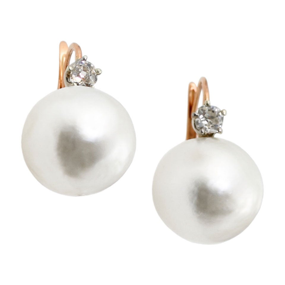 Pair of Large Natural Saltwater Pearl Diamond Earrings For Sale