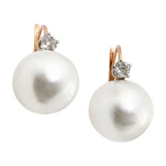 Pair of Large Natural Saltwater Pearl Diamond Earrings