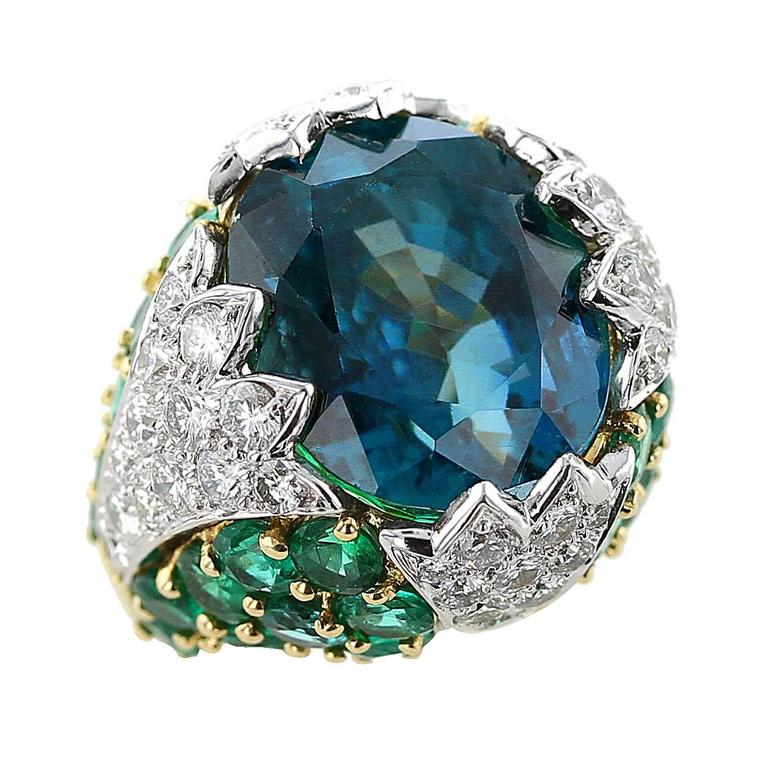 David Webb 38 Carat Natural No Heat Burma Sapphire Emerald Diamond Gold Ring For Sale