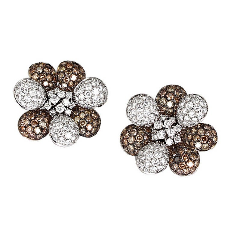 Champagne and White Diamond Gold Flower Earrings