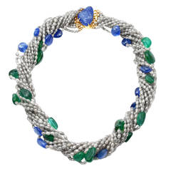 Sapphire Emerald Diamond Collier Torsade Necklace 1