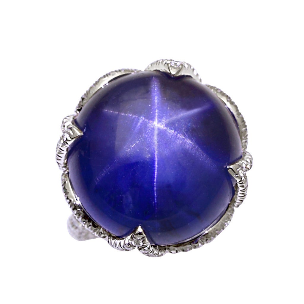 Natural Star Sapphire Diamond Platinum Lotus Ring For Sale at 1stdibs