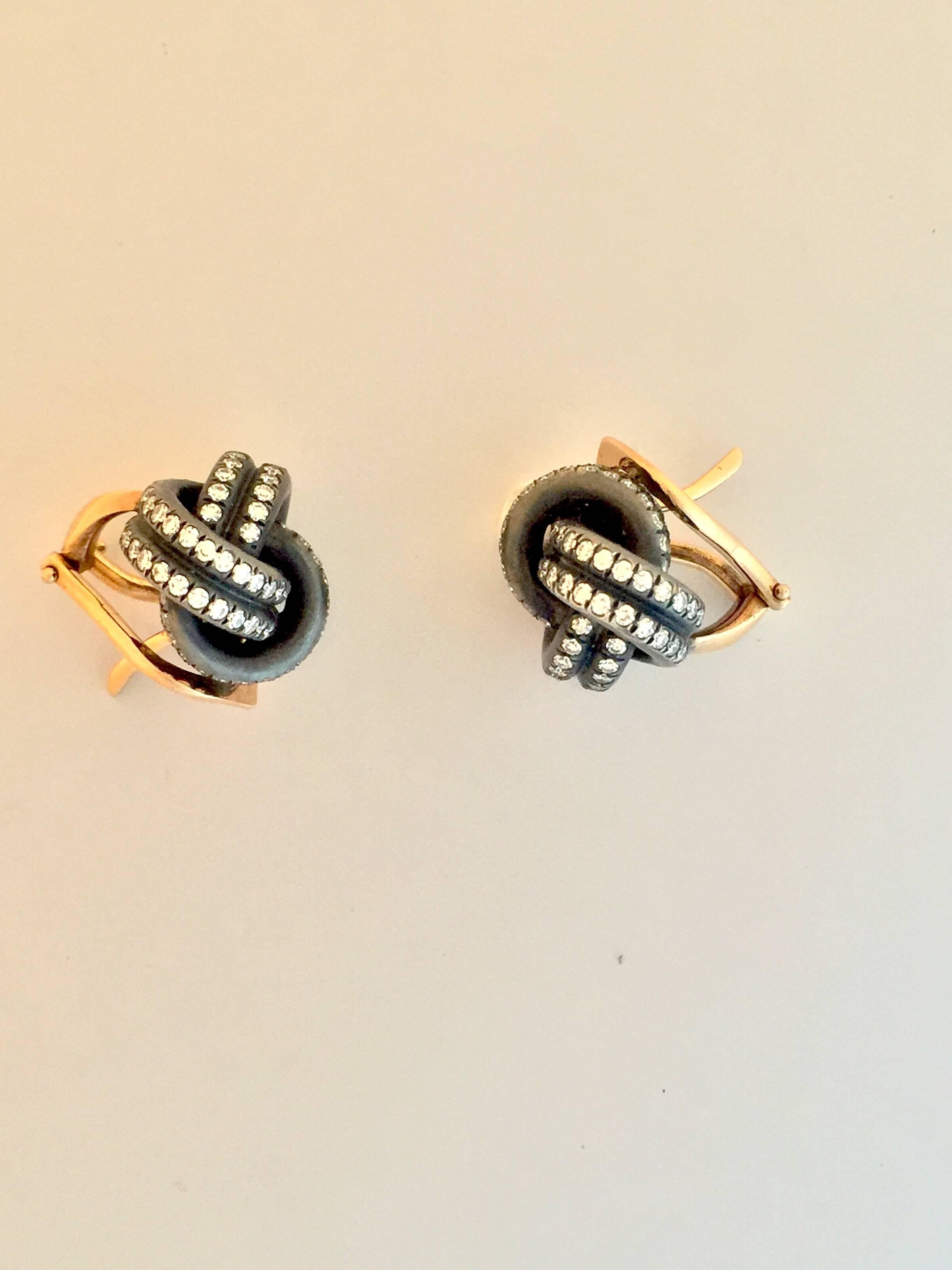 Women's N.V. Milano Diamond Oxidized Silver Gold Knot Earrings For Sale