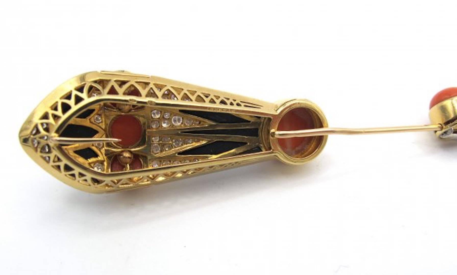 Women's or Men's Bulgari Impressive Art Deco Coral Onyx Diamond Gold Brooch For Sale
