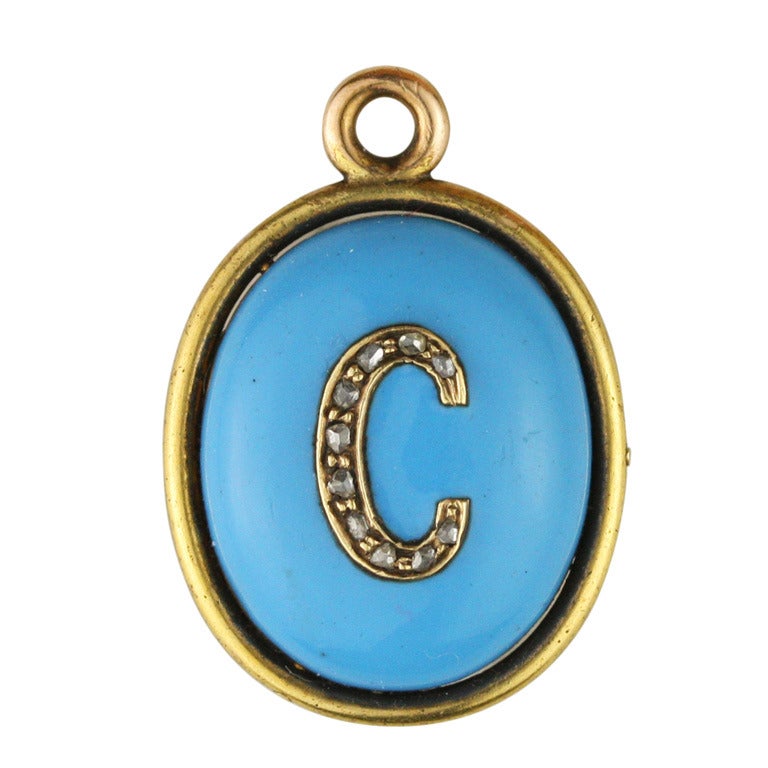 Enamel, Diamond and Gold C Initial Locket For Sale