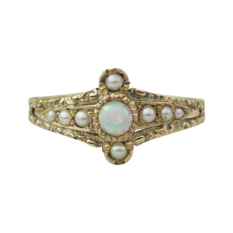 Opal, Seed Pearl and Gold Ring For Sale