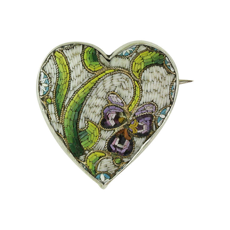 Sterling Silver Micromosaic Heart Pin For Sale