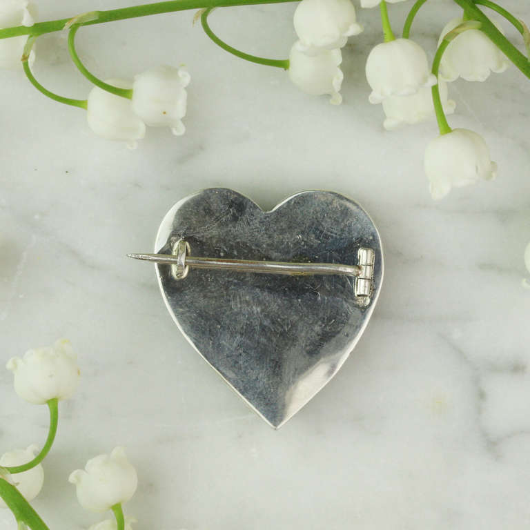 Victorian Sterling Silver Micromosaic Heart Pin For Sale