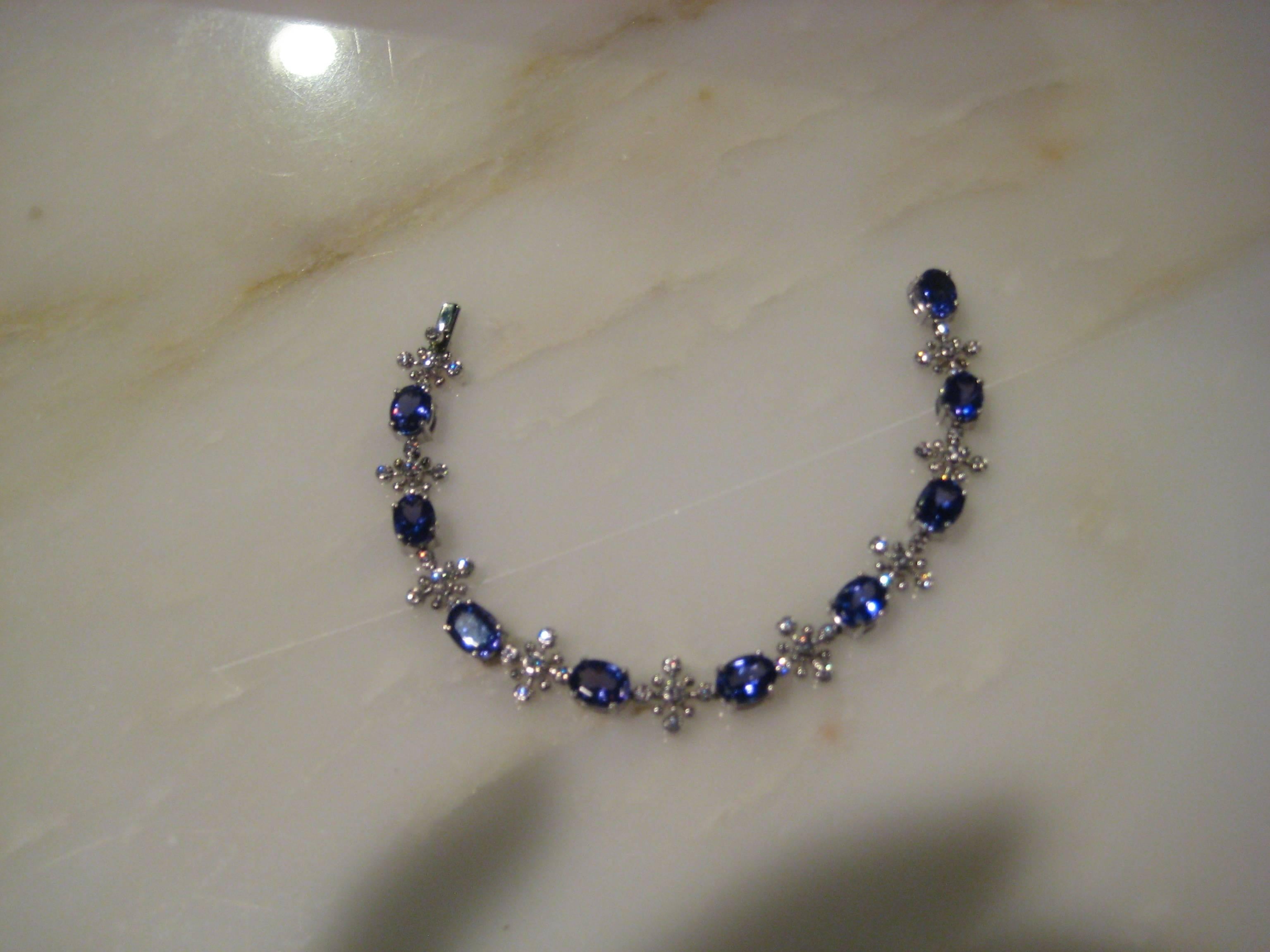 Vintage Tiffany & Co. platinum diamond and tanzanite snowflake bracelet. Bracelet contains approximately 2.00CTS. in diamonds and approximately 9.00CTS. in tanzanite's  Diamonds are F - G in color and VVS - VS in clarity. Bracelet weighs 23.00 grams