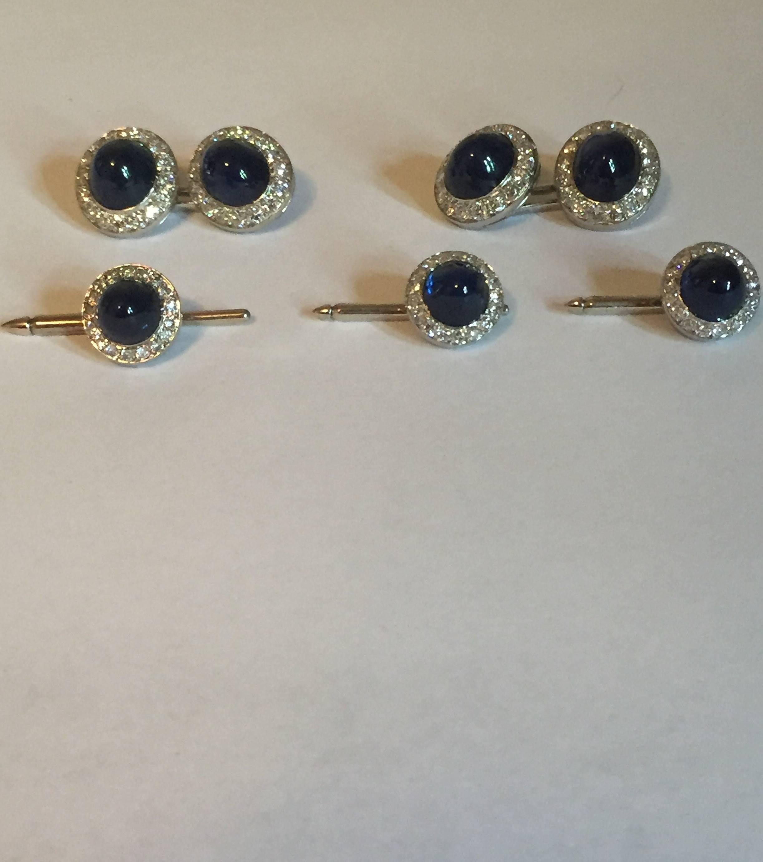 Women's or Men's Van Cleef & Arpels Sapphire Diamond Platinum Cufflinks Stud Set For Sale