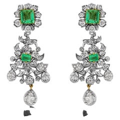11.96ct No Oil Colombian Emerald Diamond Italian Chandelier Earring Brooch Suite