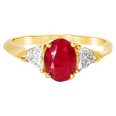 14K Yellow Gold Ruby Trillion Diamond Three Stone Ring Estate