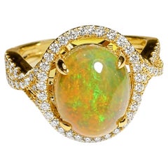 14K Yellow Gold Opal Cabochon Diamond Cocktail Ring Estate