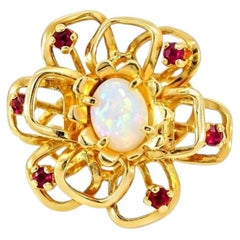 14K Yellow Gold Opal Ruby Filigree Flower Opal Ring