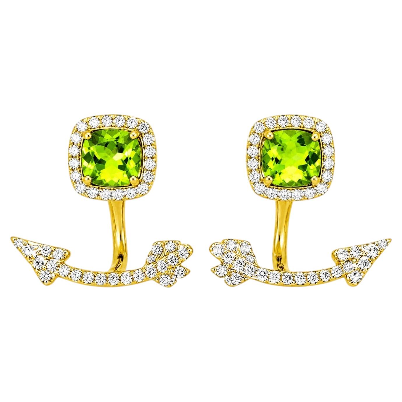 14K Yellow Gold Peridot Diamond Hanging Arrow Earrings