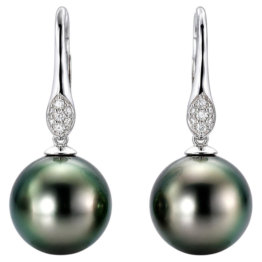 14K White Gold Diamond Tahitian Pearl Hanging Earrings For Sale