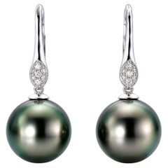 14K White Gold Diamond Tahitian Pearl Hanging Earrings