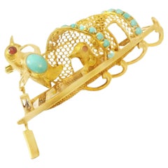 14K Yellow Gold Ruby Turquoise Lovebirds Boat Brooch Pin