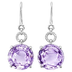 18K White Gold Diamond Cabochon Amethyst Hanging Drop Earrings