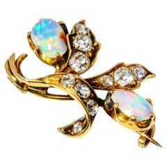 14K Yellow Gold Opal Rose Cut Diamond Pendant Brooch Pin